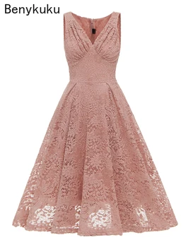 Элегантное Розовое кружевное плиссированное платье миди без рукавов с V-образным вырезом, женская винтажная одежда с высокой талией, Женские летние вечерние офисные платья