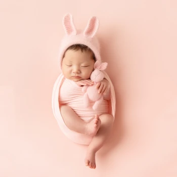 Реквизит для фотосъемки новорожденных Вязаная стрейч-пленка Шапка с заячьими ушками Кукольный костюм для фотосессии Аксессуары для студии