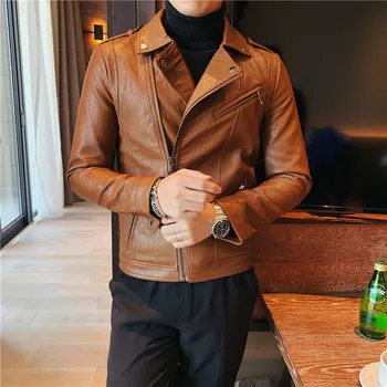 Корейская кожаная мужская куртка с лацканами и диагональной молнией, высококачественная модная осенне-зимняя однотонная тонкая повседневная теплая кожаная куртка