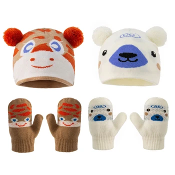 Комплекты детских шапочек и перчаток из 2 предметов, двойная зимняя вязаная шапочка, осенне-зимние теплые детские перчатки, костюмы для новорожденных G99C