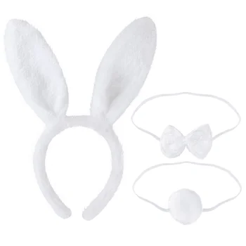 TINKSKY Для детей и взрослых, повязка на голову с заячьими ушками, галстуки-бабочки, комплект для хвоста, костюм для косплея на Пасху (белый)