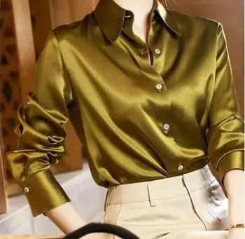 Осенняя Офисная Женская блузка-рубашка, Винтажный Однотонный Элегантный топ для поездок на работу, женское тонкое пальто с длинным рукавом, Женские однотонные рубашки 2023