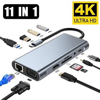 USB C Концентратор Type C-HDMI-Совместимая Док-станция RJ45 с 11 Портами с PD TF SD AUX Usb-Концентратор 3 0 Разветвитель Для MacBook Air Pro PC HUB