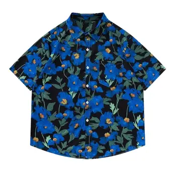 Пара синих хлопчатобумажных Рубашек Harajuku, Негабаритная Рубашка с коротким Рукавом для Мужчин И Женщин, Гавайская Рубашка С Цветочным Принтом, Негабаритная Уличная Одежда