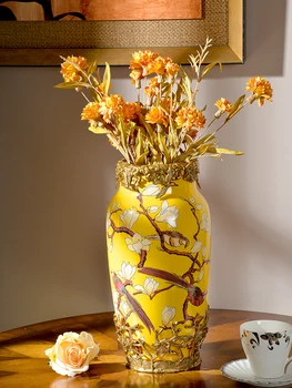 Желтая керамика с медью гостиная, крыльцо, креативное украшение вазы, роскошная вилла, клуб, цветок, ваза