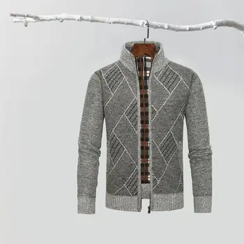Мужское вязаное пальто, стильный мужской кардиган с геометрическим принтом, свитер, толстый вязаный воротник-стойка на молнии для осенне-зимних мужчин